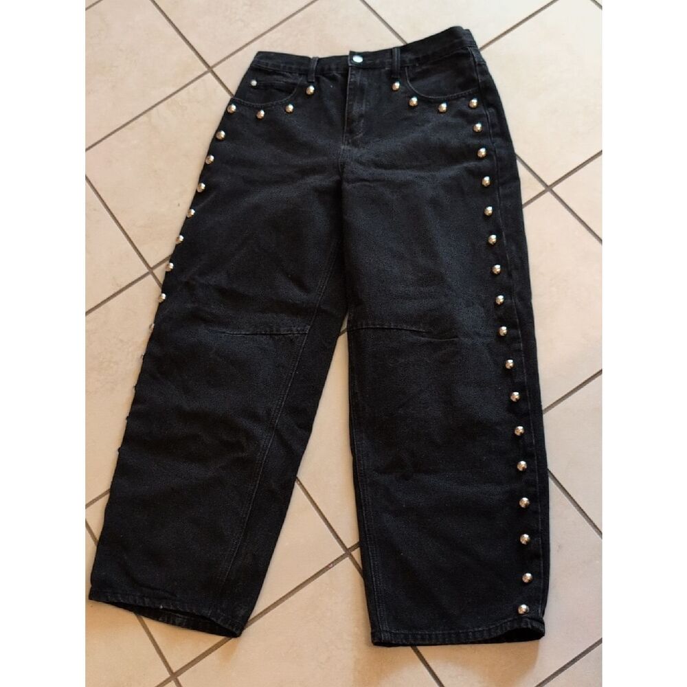 AiiRZ Studded Wide Leg Jeans Black Denim Barrel Pants Size 30 - Picture 2 of 13